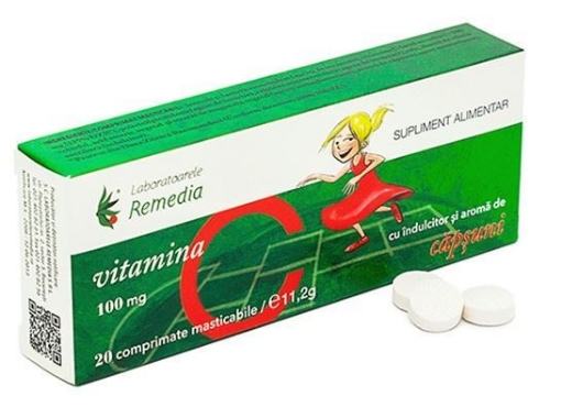 Poza cu remedia vitamina c 100mg pentru copii cu aroma de capsuni x 20 comprimate masticabile