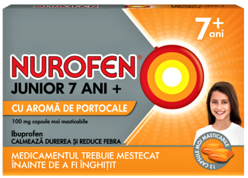 Poza cu Nurofen Junior 7 ani+ portocale 100mg - 12 capsule moi masticabile
