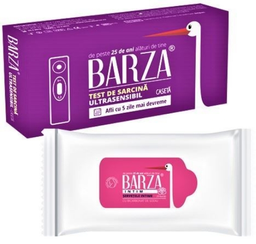 Poza cu Test de sarcina Barza ultrasensibil caseta - 1 test ( + 1 pachet de servetele intime Barza)