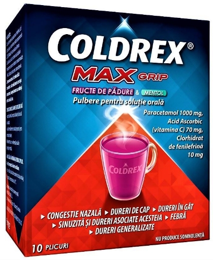 Poza cu Coldrex Maxgrip fructe de padure si mentol - 10 plicuri