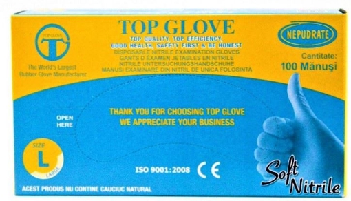 Poza cu Manusi pentru examinare din nitril albastre nepudrate L - 100 bucati Top Glove