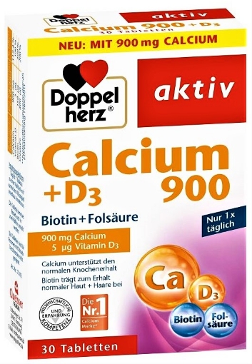 Doppelherz Aktiv Calciu 900 + D3 + Biotina + Acid Folic - 30 Comprimate