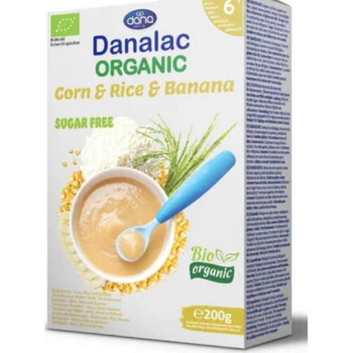 danalac bio organic cereale orez, porumb banana 4 m+ 200g fara zahar